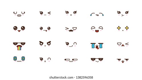 Kawaii icons faces expressions cute smile emoticons. Japanese emoji