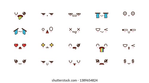 Kawaii icons faces expressions cute smile emoticons. Japanese emoji