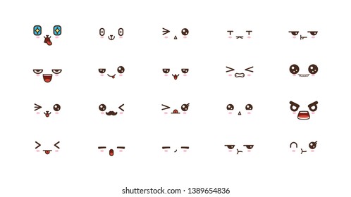 Kawaii icons faces expressions cute smile emoticons. Japanese emoji