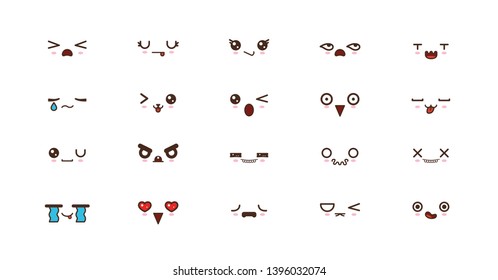 Kawaii icons faces expressions cute smile emoticons. Japanese emoji