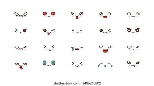 Kawaii icons faces expressions cute smile emoticons. Japanese emoji