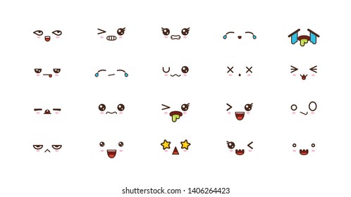 Kawaii icons faces expressions cute smile emoticons. Japanese emoji