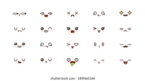 Kawaii icons faces expressions cute smile emoticons. Japanese emoji