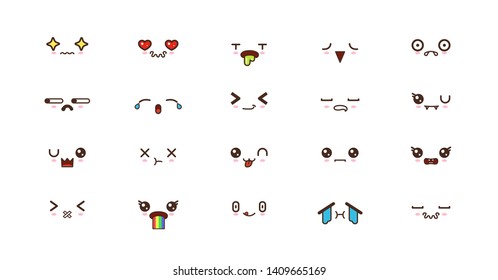 Kawaii icons faces expressions cute smile emoticons. Japanese emoji