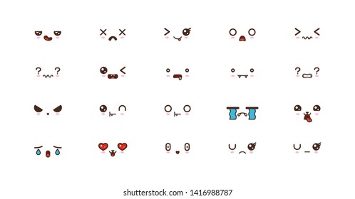 Iconos kawaii se enfrentan a expresiones adorables emoticonos de sonrisa. Emoji japonés