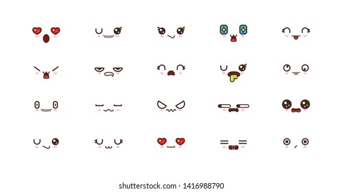 Kawaii icons faces expressions cute smile emoticons. Japanese emoji