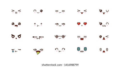 Kawaii icons faces expressions cute smile emoticons. Japanese emoji