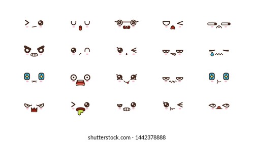 Kawaii icons faces expressions cute smile emoticons. Japanese emoji