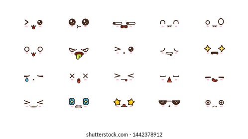 Kawaii icons faces expressions cute smile emoticons. Japanese emoji