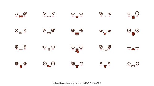 Kawaii icons faces expressions cute smile emoticons. Japanese emoji