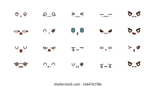 Kawaii icons faces expressions cute smile emoticons. Japanese emoji