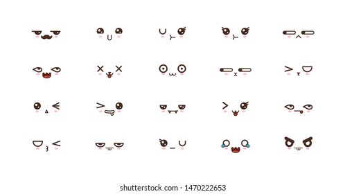 Iconos kawaii se enfrentan a expresiones adorables emoticonos de sonrisa. Emoji japonés