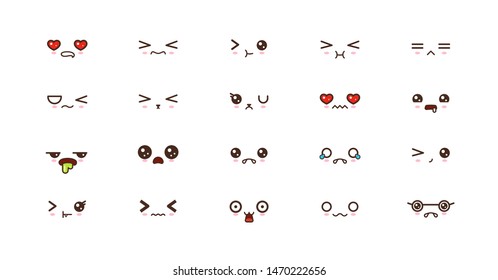 Kawaii icons faces expressions cute smile emoticons. Japanese emoji