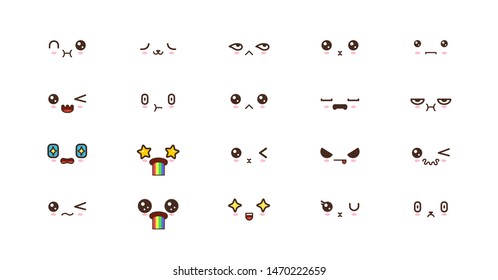 Kawaii icons faces expressions cute smile emoticons. Japanese emoji