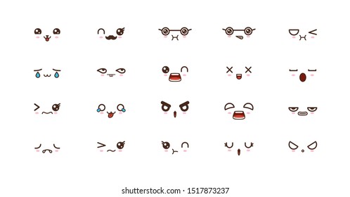 Kawaii icons faces expressions cute smile emoticons. Japanese emoji
