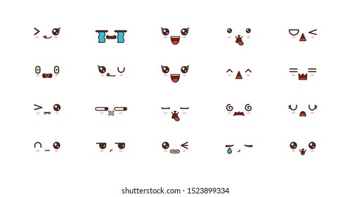 Kawaii icons faces expressions cute smile emoticons. Japanese emoji