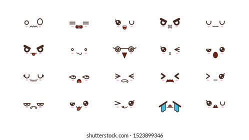 Kawaii icons faces expressions cute smile emoticons. Japanese emoji