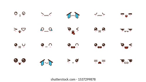 Kawaii icons faces expressions cute smile emoticons. Japanese emoji