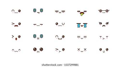 Kawaii icons faces expressions cute smile emoticons. Japanese emoji