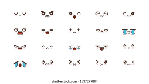 Kawaii icons faces expressions cute smile emoticons. Japanese emoji