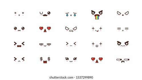 Kawaii icons faces expressions cute smile emoticons. Japanese emoji