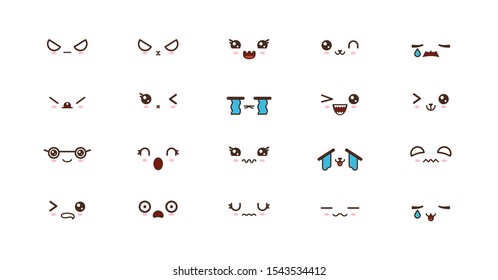 Kawaii icons faces expressions cute smile emoticons. Japanese emoji