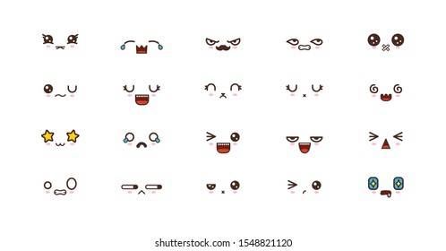 Kawaii icons faces expressions cute smile emoticons. Japanese emoji