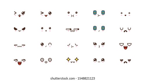 Kawaii icons faces expressions cute smile emoticons. Japanese emoji