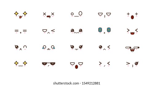 Kawaii icons faces expressions cute smile emoticons. Japanese emoji