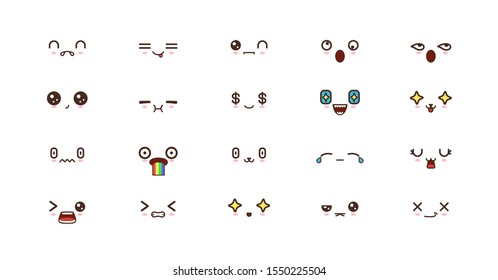 Kawaii icons faces expressions cute smile emoticons. Japanese emoji