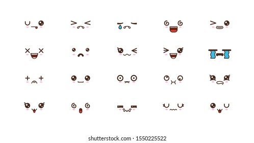 Kawaii icons faces expressions cute smile emoticons. Japanese emoji