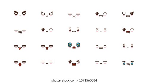 Kawaii icons faces expressions cute smile emoticons. Japanese emoji
