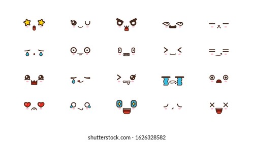 Kawaii icons faces expressions cute smile emoticons. Japanese emoji