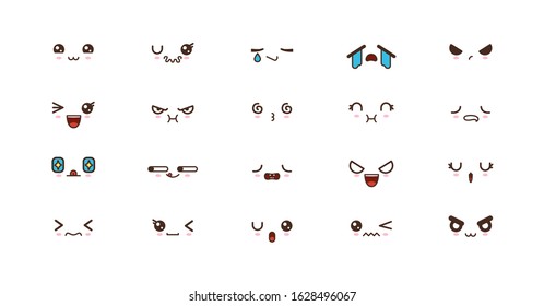 Kawaii icons faces expressions cute smile emoticons. Japanese emoji