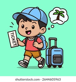 Kawaii Illustration Boy Vacation Dreams and Packing Fun. Vacation Illustration Cartoon. Boy Go to Vacation Illustration