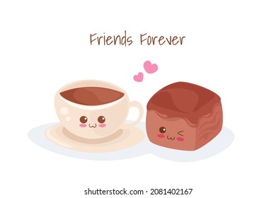 Kawaii illustration of Brownie with Cup of Coffee isolated on white background. Cute happy vector food. Cartoon characters for kids menu. Sweet design elements for greeting card, fabric print, poster.