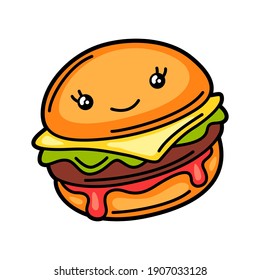 Ilustración kawaii de la hamburguesa. Un personaje gracioso y simpático para la comida rápida.