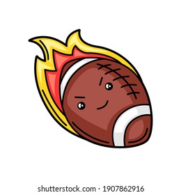 Kawaii illustration of burning rugby ball. Cute funny sport characters.