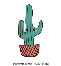 Kawaii illustration of a cactus with a cute face.