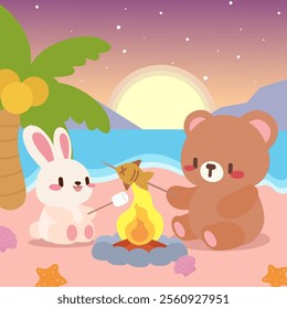 A kawaii illustration of a cute bear and bunny enjoying a cozy campfire on a tropical beach during sunset. Beachside campfire with bunny and bear at sunset.