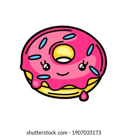 Kawaii illustration of donut. Cute funny character for fast food.