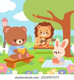 Kawaii illustration features a bear reading, a lion playing guitar on a swing and a bunny knitting on a picnic blanket in a vibrant park. Surrounded by blooming flowers, lush greenery and peaceful.