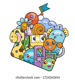 Kawaii illustration of friendly doodle monsters,cute and fun variety of colors animals. Vector background