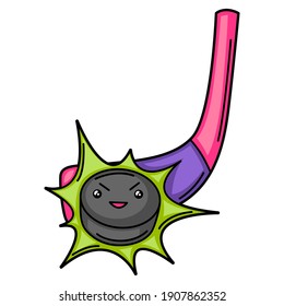 Kawaii illustration of hockey stick and puck. Cute funny sport characters.