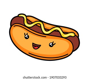 Ilustración kawaii de hot dog. Un personaje gracioso y simpático para la comida rápida.