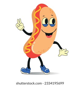 Ilustración kawaii de hot dog. Un personaje gracioso y simpático para la comida rápida. Diseño plano. Ilustración vectorial