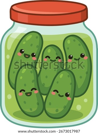 Kawaii illustration of pickles with cute faces inside a jar