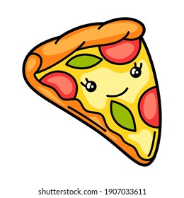 Ilustración kawaii de la pizza. Un personaje gracioso y simpático para la comida rápida.