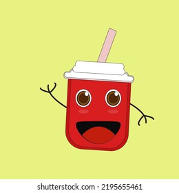 Kawaii illustration of soda or cola in paper cup. Cute funny character for fast food.