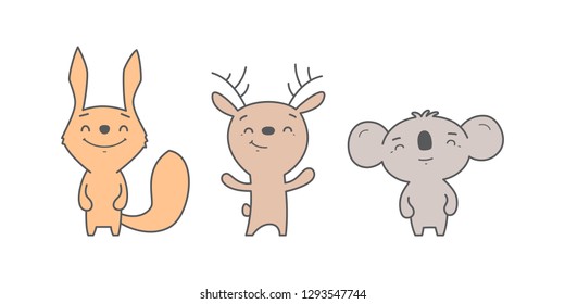 Kawaii illustration of squirrel, deer and koala on white background. Isolated vector animals.
